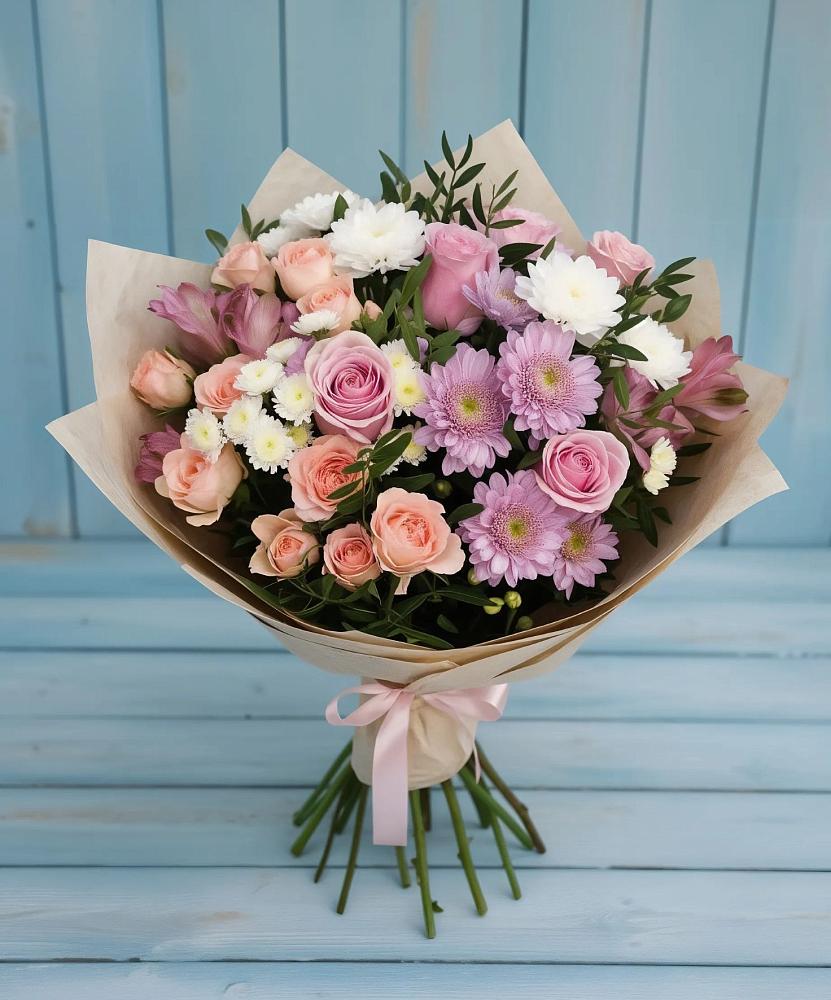 Букет цветов из: Хризантемы, Розы и Альстромерии в Угловке