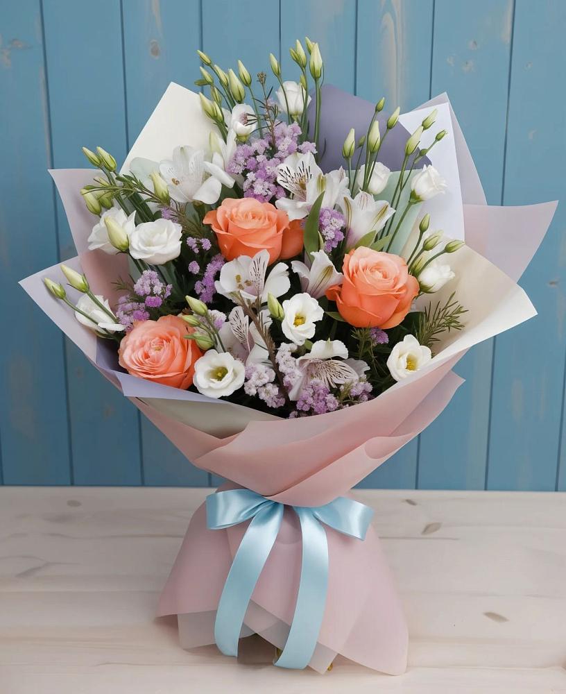 Букет цветов из: Лизиантусы, Розы, Альстромерии и Гипсофила в Угловке