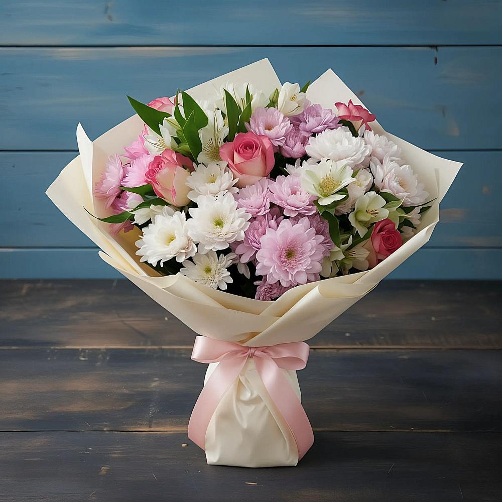 Букет цветов из: Хризантемы, Альстромерии и Розы в Угловке